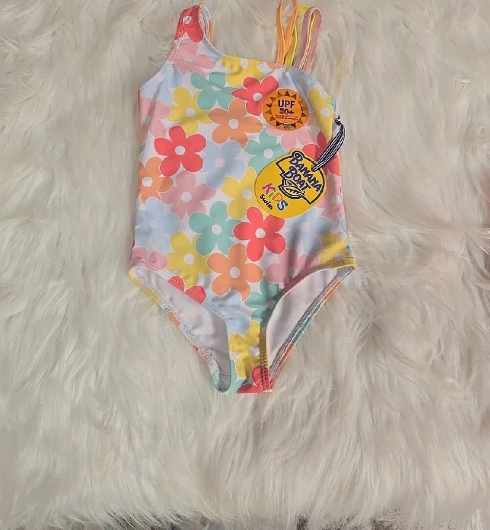 Kids One Piece Swim Suit Set w Neon Orange Crochet Cover-Up